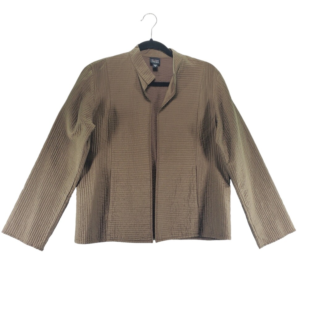 S Eileen Fisher Silk Lightweight Jacket Cardigan Quilted Brown Long Sleeve Layer